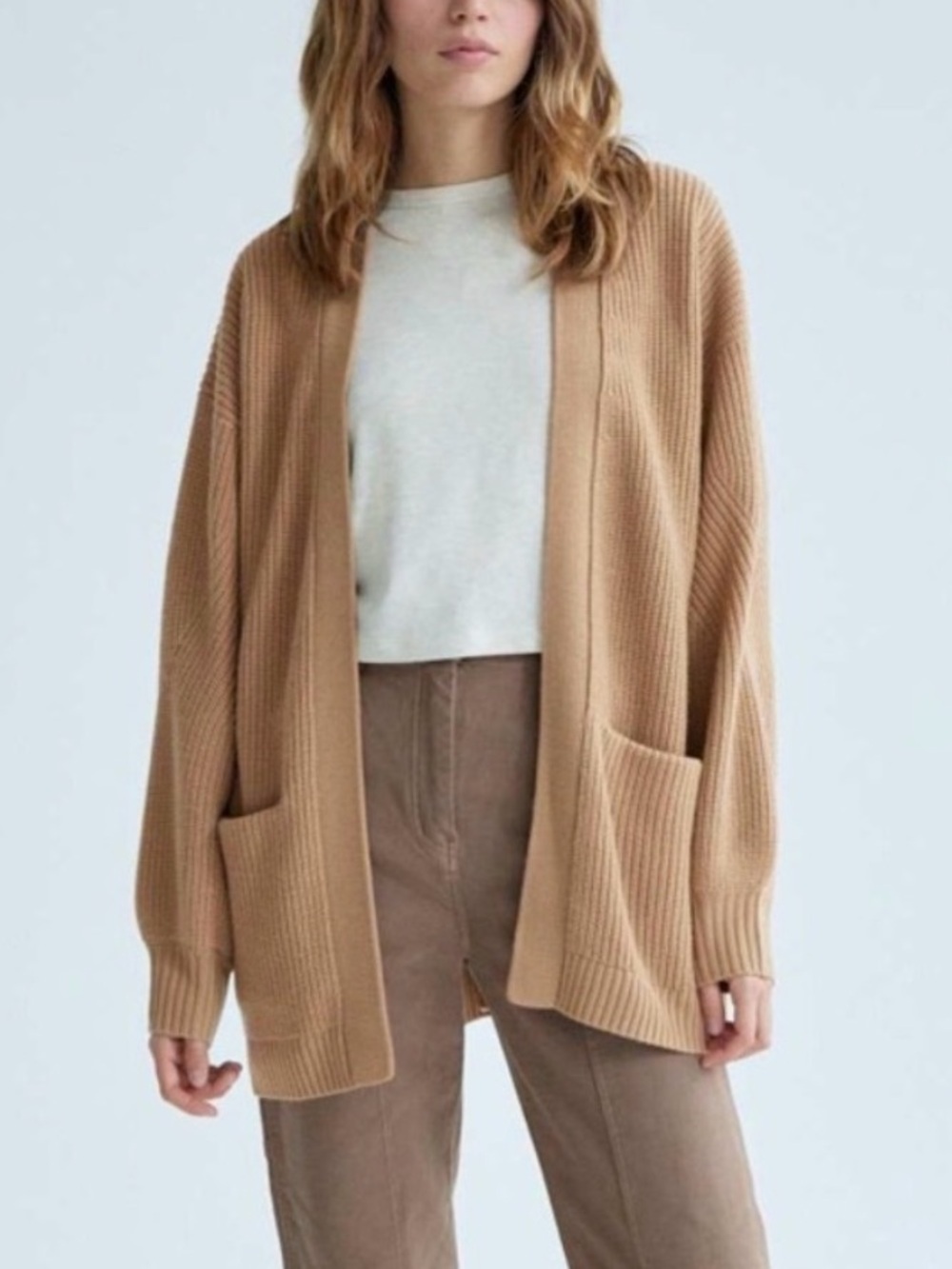 Wilfred free Aritzia Unwind open front merino wool tan cardigan sweater